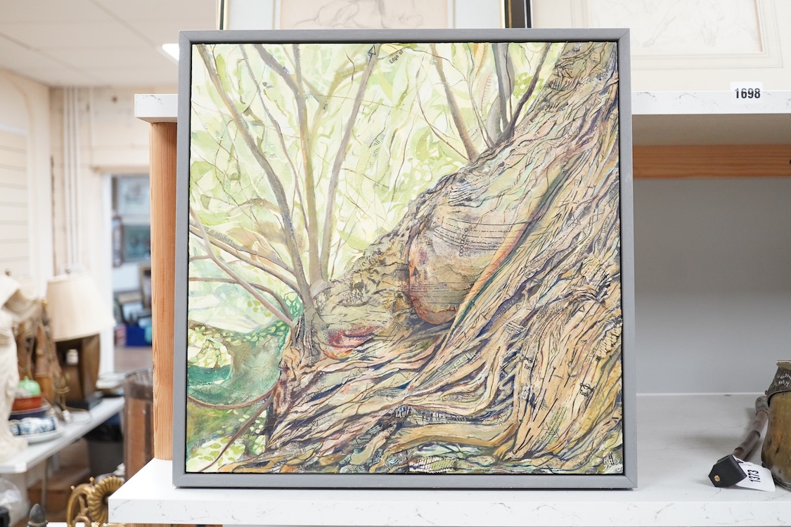 Katy Oxborrow, Pathways, acrylic, signed and dated 2018, label verso, oil and collage on wood panel, 40 x 40cm